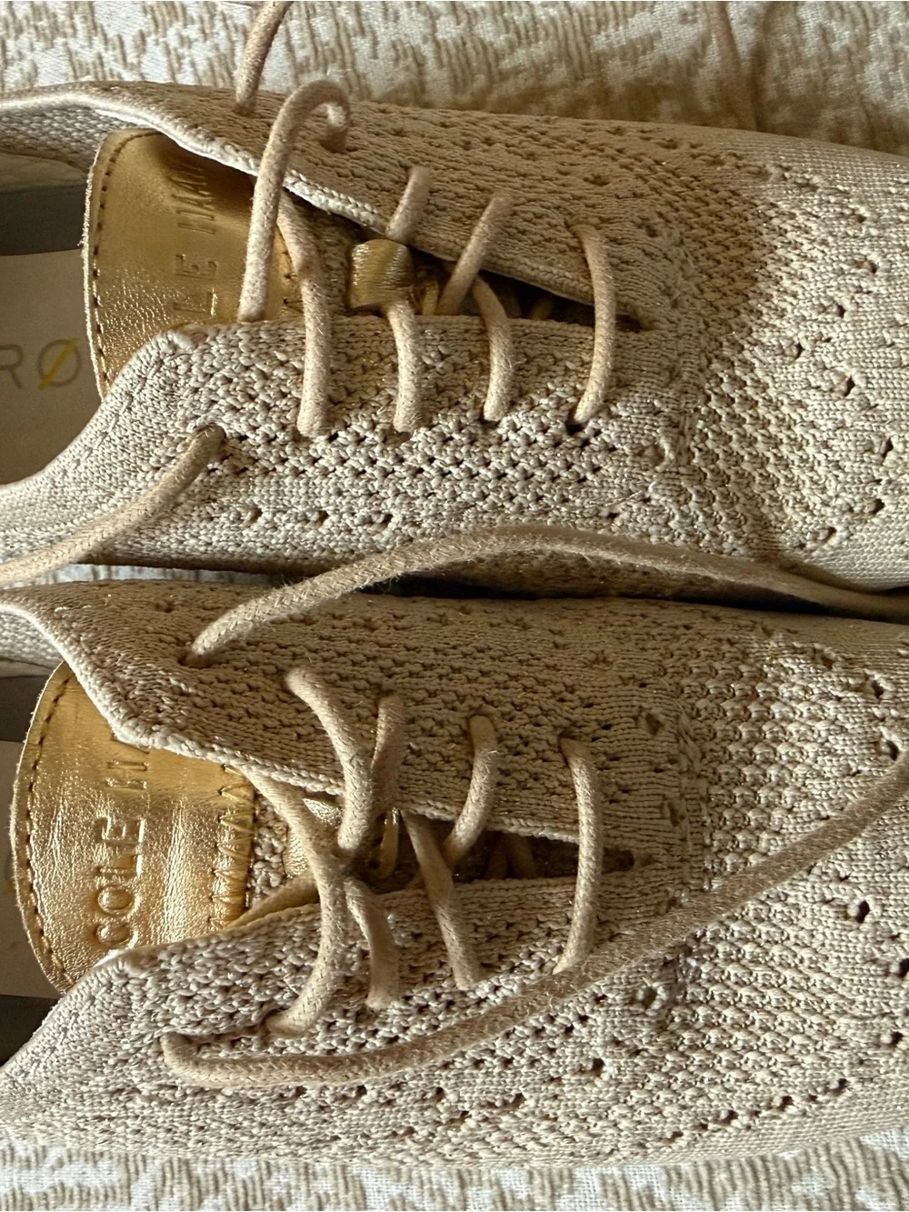 Cole Haan Beige & Gold Knit Lace-Up Sneaker with White Sole